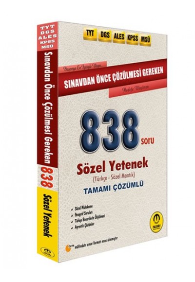 Tasarı DGS ALES TYT KPSS Öncesi Çözülmesi Gereken Sözel Yetenek 838 Soru (Yeni)